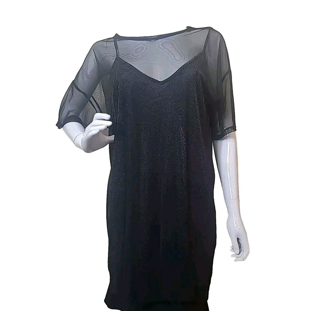 Forever 21 Black Silver Sparkle Mini Dress Sheer Overlay Women's Size L Tags